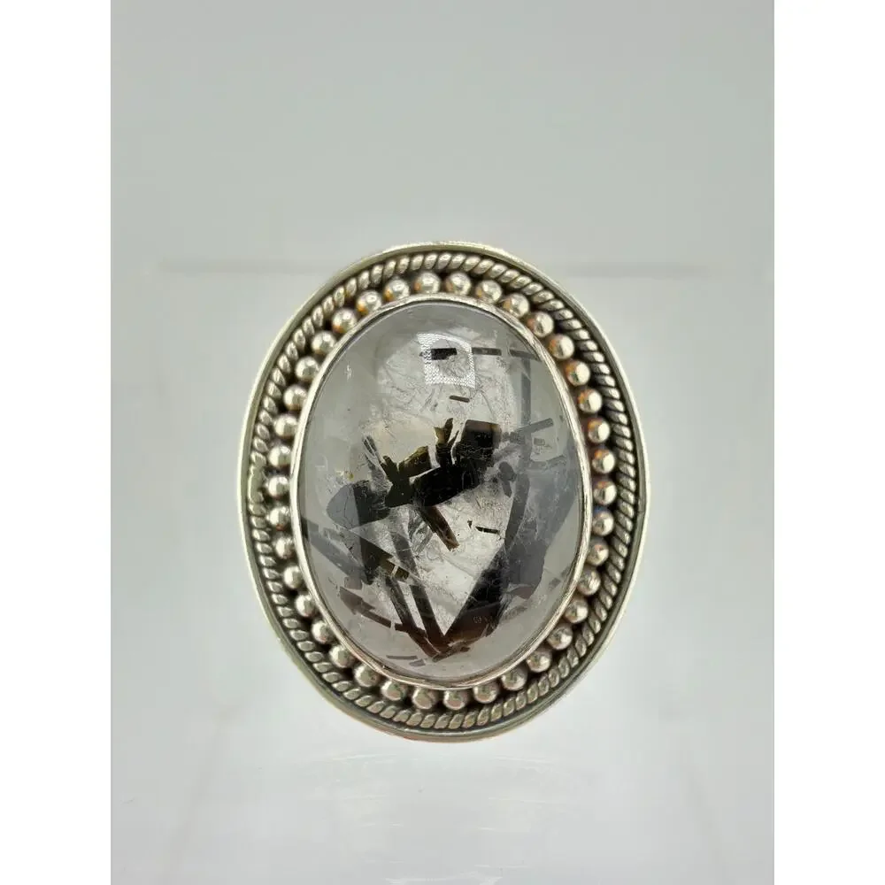 Artisan 925 Sterling Silver Black Rutilated Quartz Ring Size 8